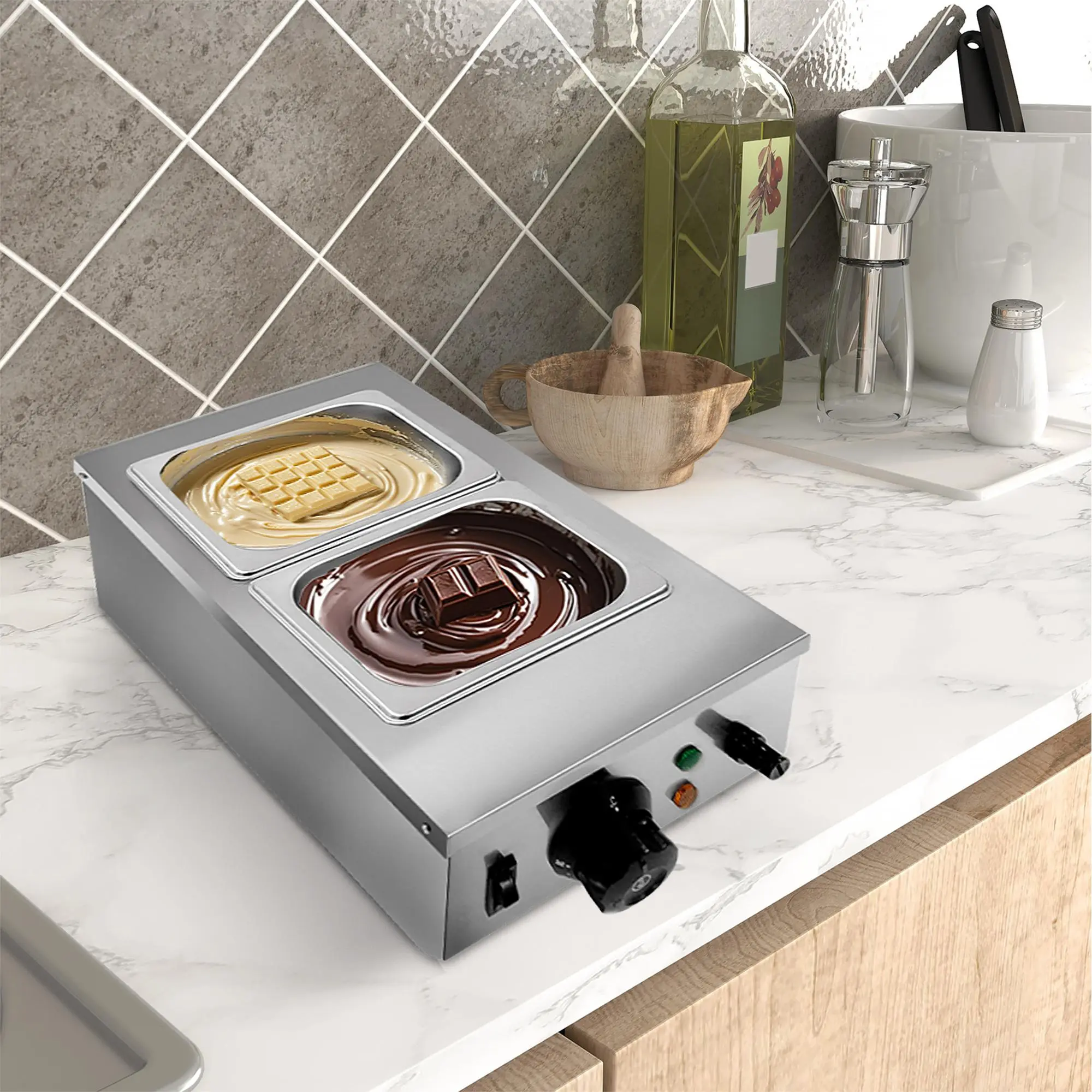 Dual-Tank Stainless Steel Chocolate Melting Machine - 800W Commercial Food Warmer with Temperature Control, Kitchen Appliances for Commercial Users