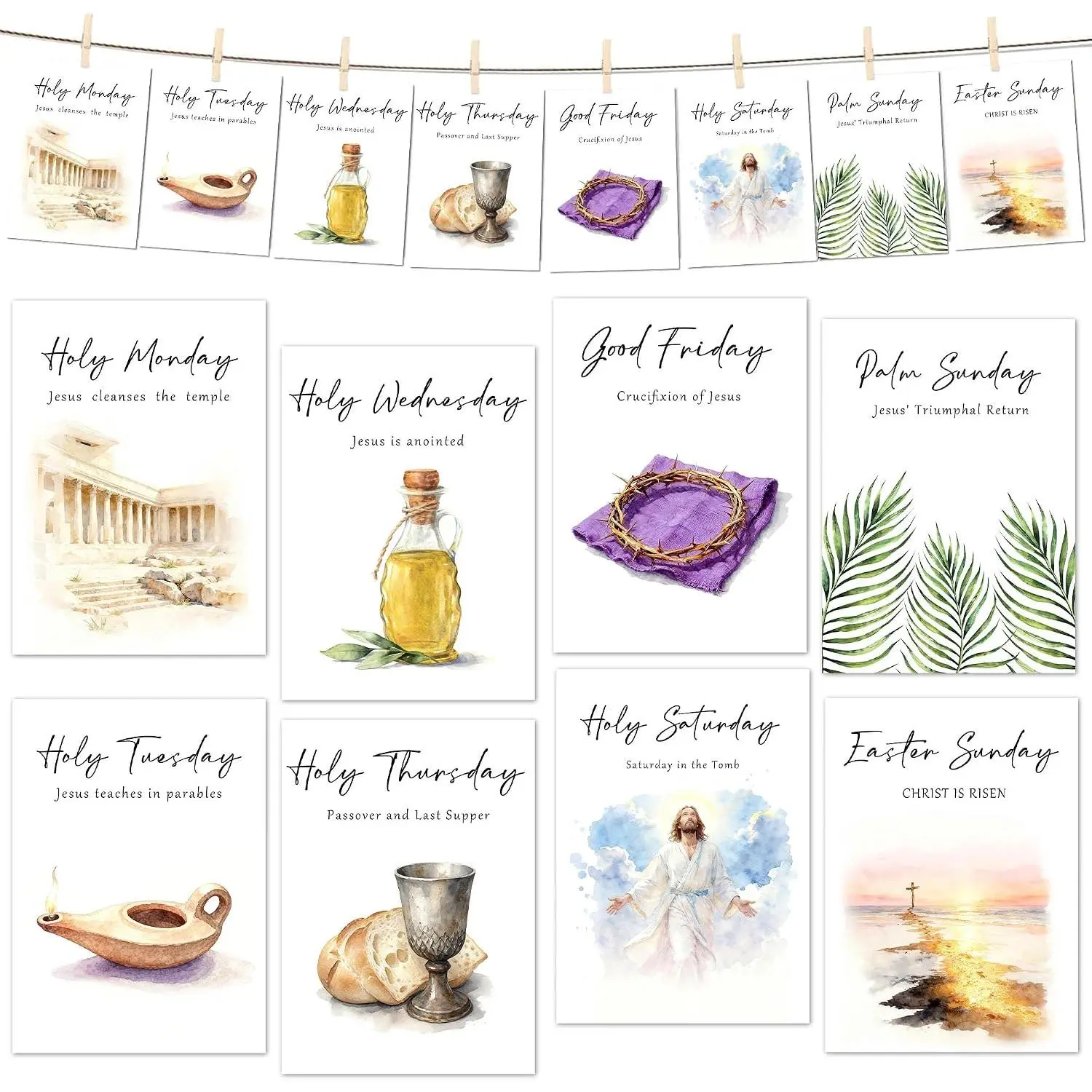 Holy Week Story Cards & Easter Story Cards - Holy Week Decoration - Religious Supplies & Easter Activities for  Teens Adults - Sunday School Learning Card(16 Holders 26   Rope) - A02