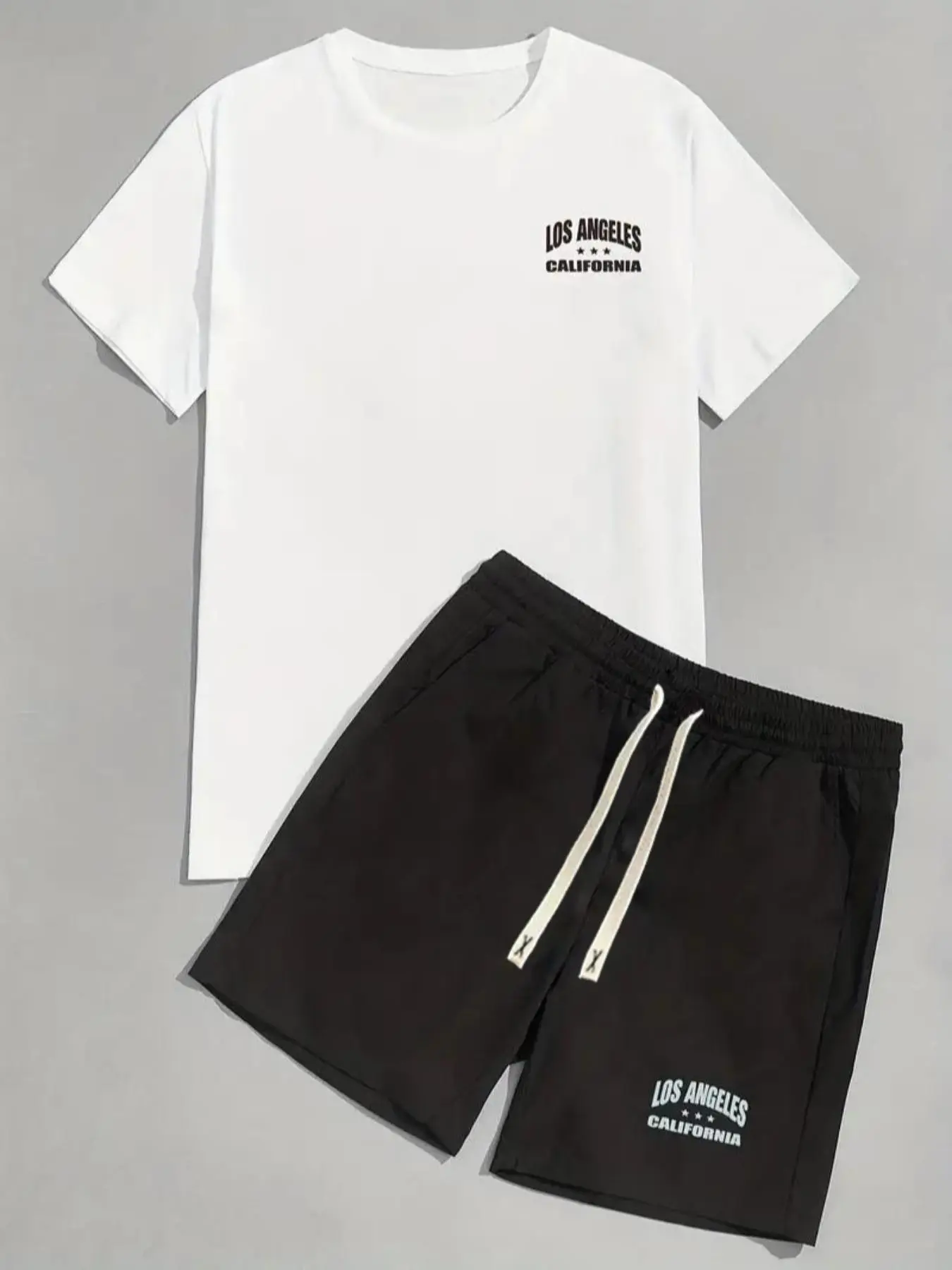 2 Pieces Men's Letter Print Summer Shorts Set, T Shirt Set, Regular Fit Crew Neck Short Sleeve Tee & Drawstring Waist Pocket Shorts, Streetwear, Casual Matching Sets, Casual Clothes Set for Daily Outdoor Formal Wear Back To School, Menswear Suits