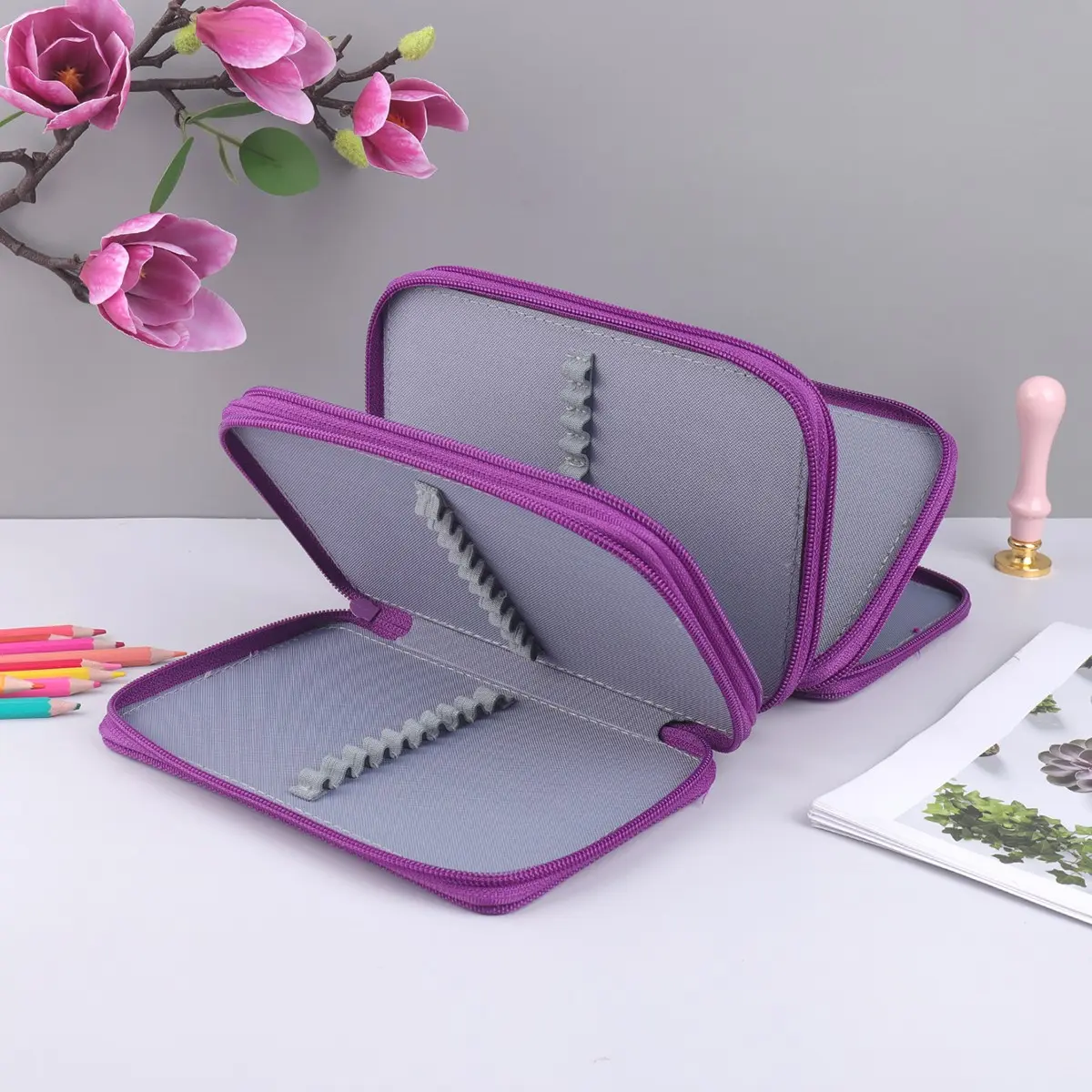 4-Layer Zipper Pencil Case, Large Capacity Portable Pencil Organizer with Carry Handle and Elastic Loops, Colored Pencil and Drawing Supply Storage Bag for Students, Artists, School, Travel and Back to School Supplies