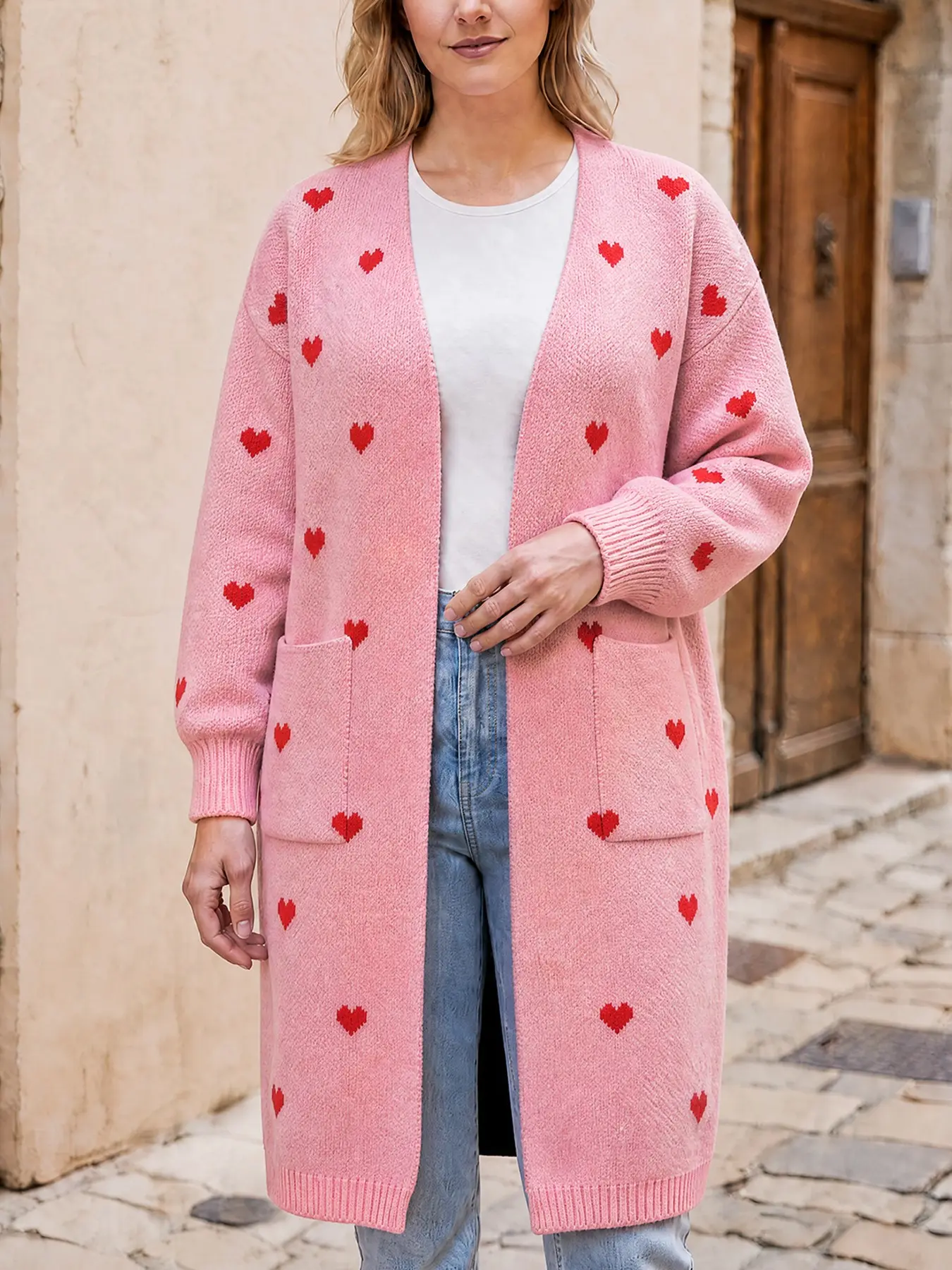 Women's Heart Jacquard Long Knit Cardigan, Open Front Long Sleeve Loose Sweater Coat, Contrast Cuff Hem Pocket Casual Outerwear, Soft Warm Daily Layering Knitwear