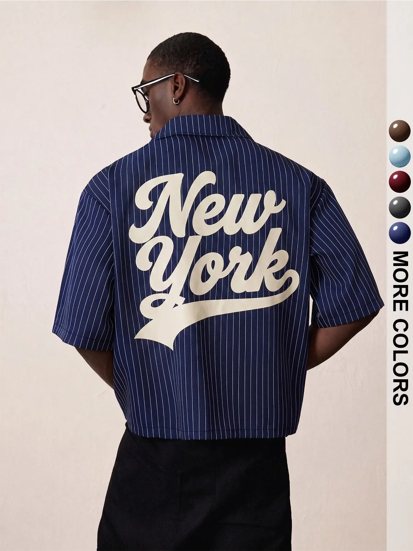 Men's Loose Short-Sleeve Striped Shirt With Off-White Letter Print, Casual Collared Shirt, Casual Graphic Shirt, Button Front Design, Casual Buttons Collared, Casual Cropped Button-Up Top For Summer Daily Wear & Urban Street Style