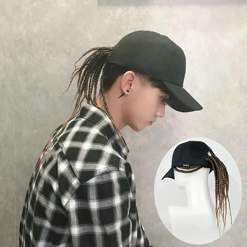Hip-Hop Punk Baseball Cap with Braided Dreadlock Wig - Adjustable Snapback, High-Temperature Fiber, Black/Brown, 35.05cm & 44.96cm Lengths, Perfect for Motorcycle Style and Urban Fashion