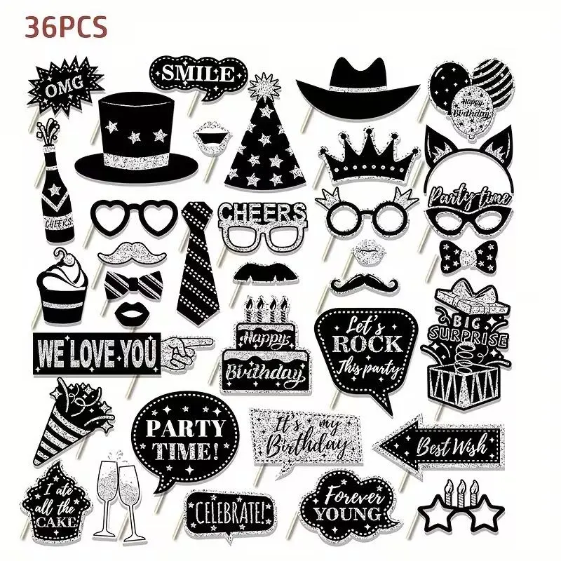 36Pcs Black Gold Birthday Photo Booth Props Kit, Happy Birthday Frame & Funny Selfie Props for Adult Birthday Party Decorations