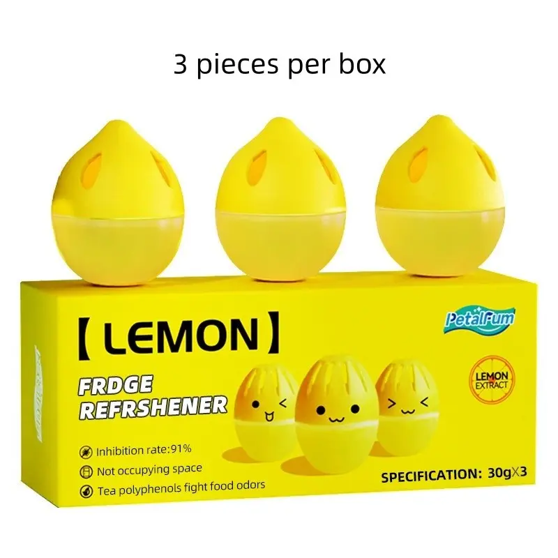 3 Pack Lemon Fridge Freshener Egg, Tea Polyphenols Odor Absorber, 91% Odor Inhibition, Space-Saving Deodorizer for Kitchen Refrigerator
