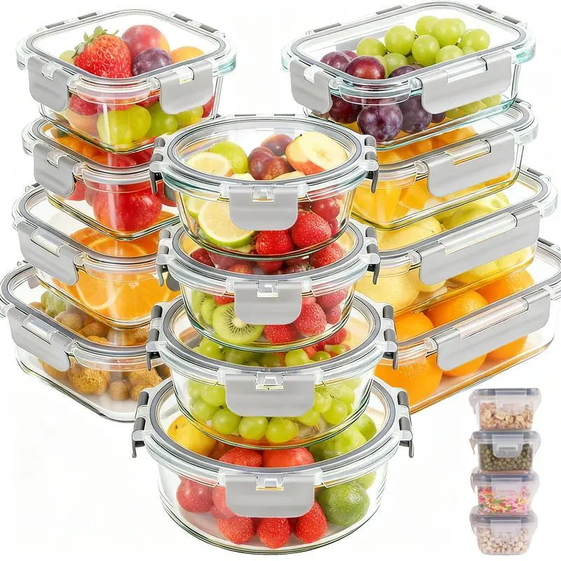 12-Pack Airtight Glass Food Preserving Containers with BPA-Free Lids - Microwave-Safe, Dishwasher-Safe Kitchen Organizer with Black/Gray Utensils Set, Maintains Freshness, 12Pack