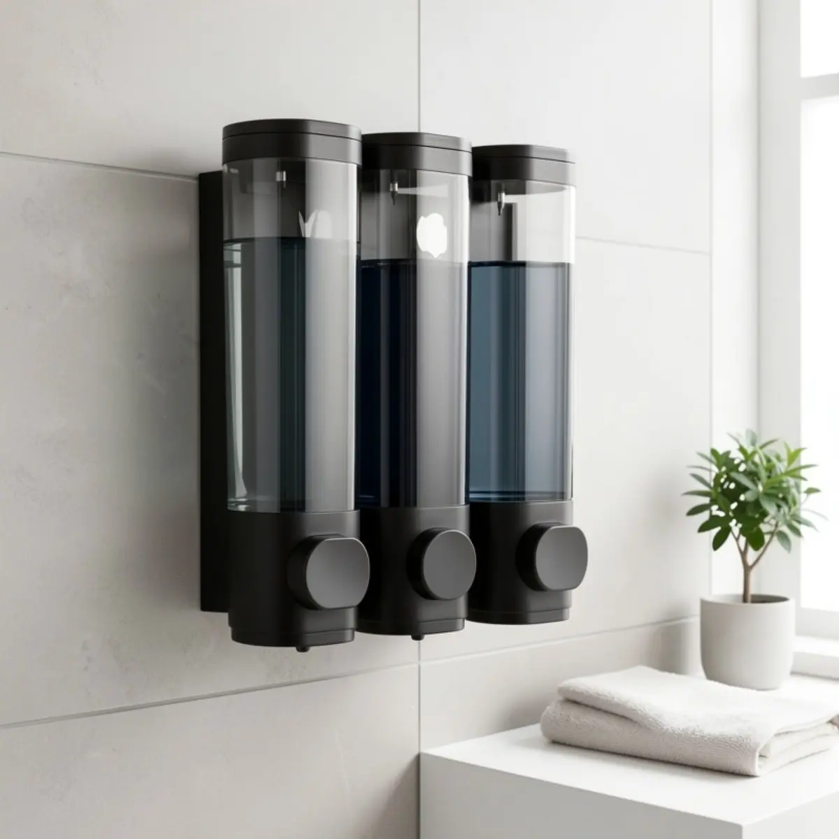 Premium 3-Chamber Shampoo, Conditioner and Toiletries Dispenser, High-Quality Wall Mounted Reusable Soap Dispenser Bathroom Pump, Heavy Duty Leak-Proof Liquid Container Caddy Set for Restroom, Elegant Black Decor