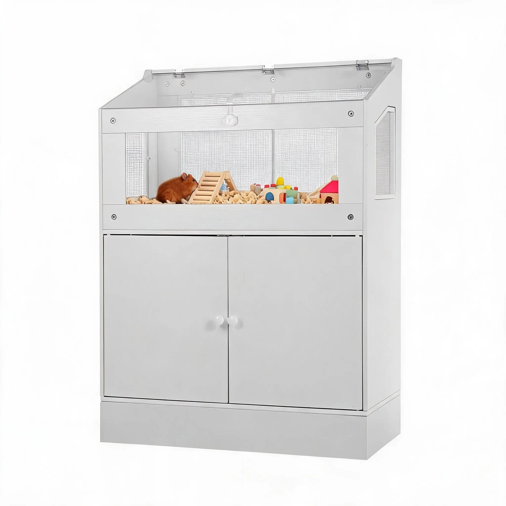 Hedgehog Cage with Storage Cabinet, Hamster Cage with Visual Acrylic Openable Top & Ventilated Mesh Side Panels, Transparent