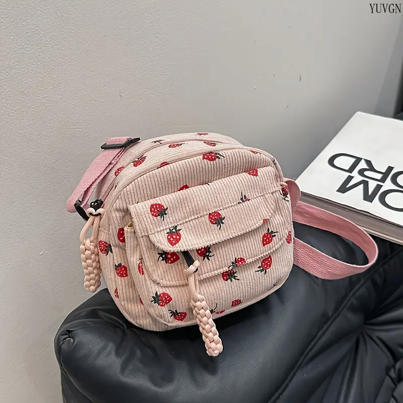 Women's 2026 Solid Corduroy Crossbody Bag - Cute Strawberry Print Mini Square Casual Fashion Bag, Japanese Mori Fashionable Patterned Gym Purse for Daily Shopping, Travel, Fashionable Patterned Bag