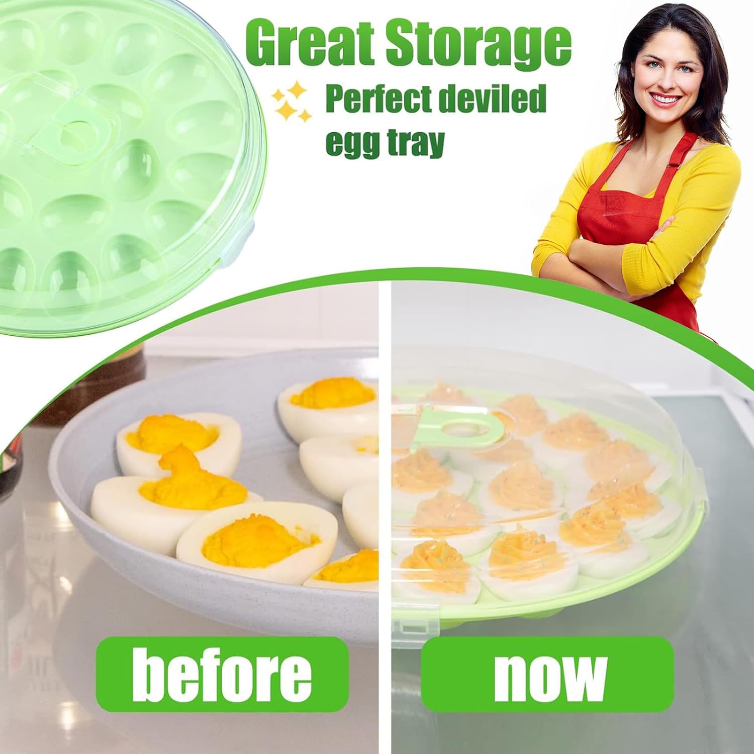 Deviled Egg Containers with Lid, 3 count Deviled Egg Platter Carrier Holder Trays with 66 Slots for Party and Home Kitchen, Green