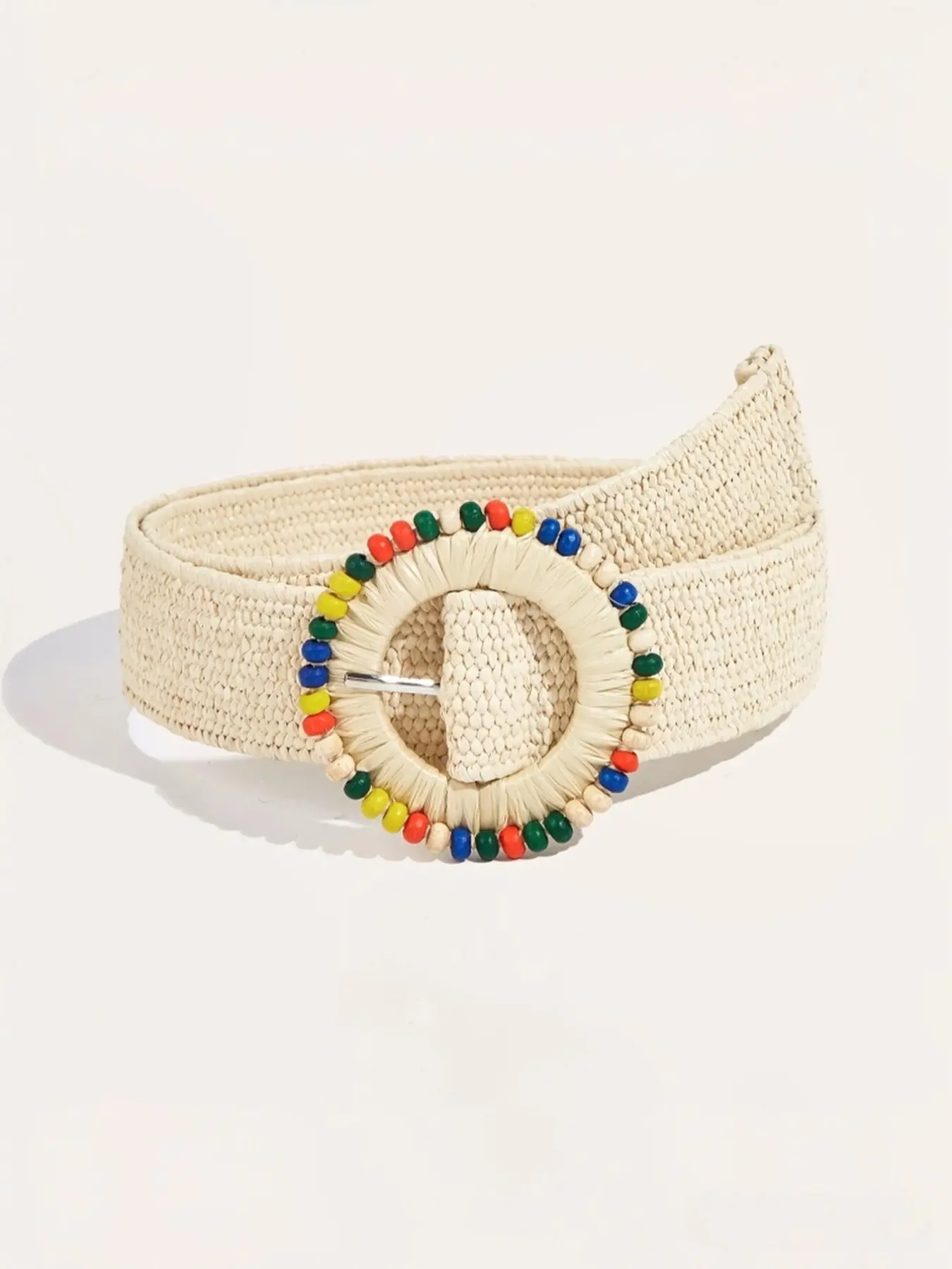 Bohemian Women's Belt, Colorful Wood Bead Round Buckle, Elastic Woven Strap, Festival Accessories, Elegant Waist Belt