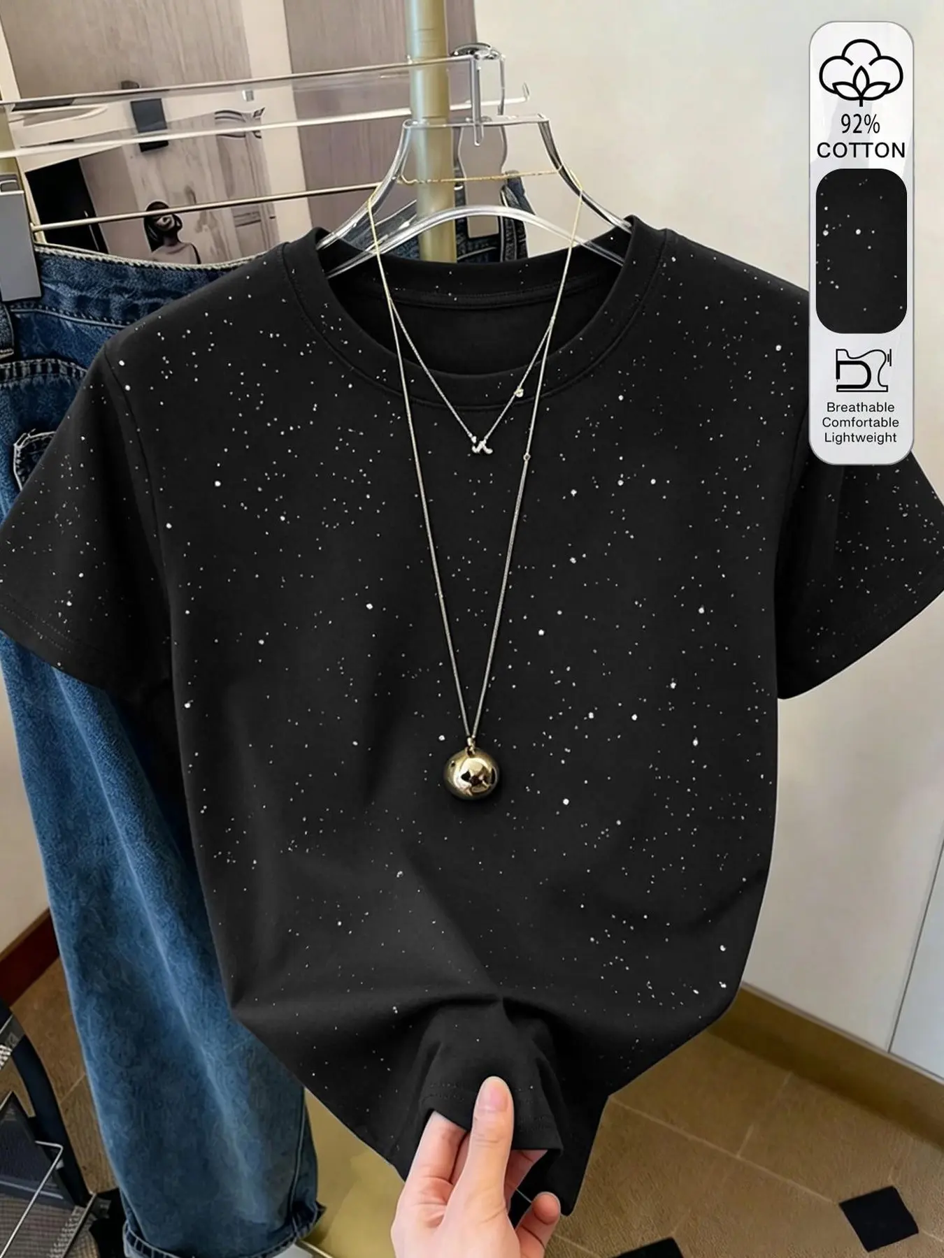 Women's Cozycloud Home Starry Print Round Neck Short Sleeve Cotton T-Shirt, Loose-Fitting, All Seasons, Fashionable Daily Wear