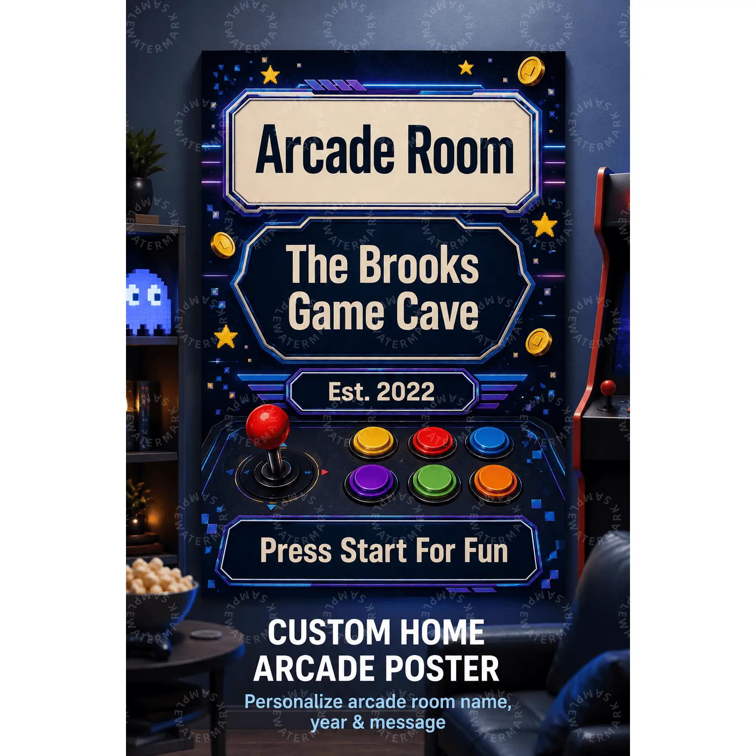 Custom Home Arcade Poster, Personalized Game Room Wall Art, Neon Joystick Button Decor, Dark Retro Arcade Aesthetic Poster, Teen Bedroom Man Cave Office Wall Decor Gift