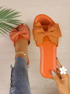 Women Bow Embellished Slip On Slide Sandals, Non Slip Open Toe Flat Footwear, Summer Fall Outdoor Casual Daily Walking Shoes