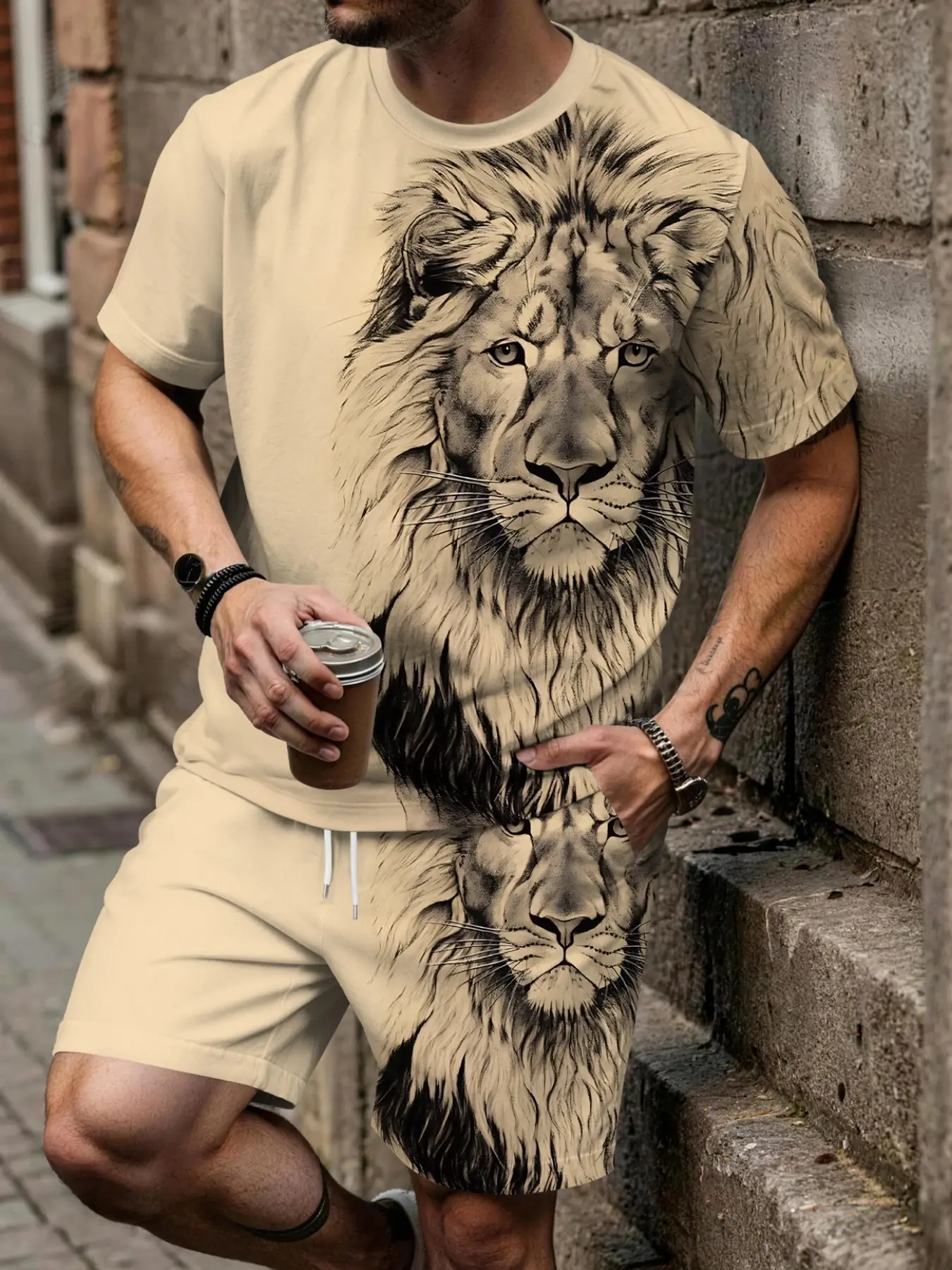 Men's Summer Casual Fashion Short Sleeve Set, 3D Lion King Print, Breathable Sporty Style, Perfect Holiday Gift, All Seasons Wear