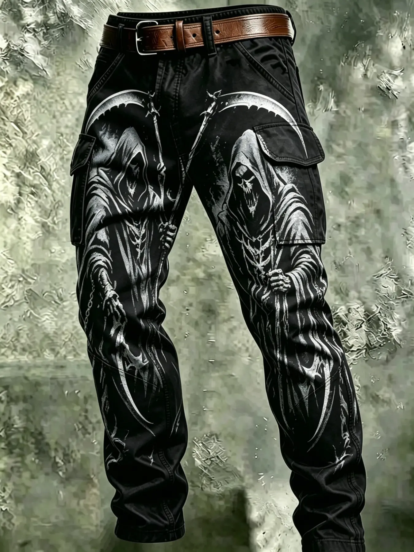 Gothic Dark Punk Long Pants, Symmetrical Full-Print Workwear, Multiple Pockets, Straight Leg, Casual Style, Slim Fit, Fall & Winter