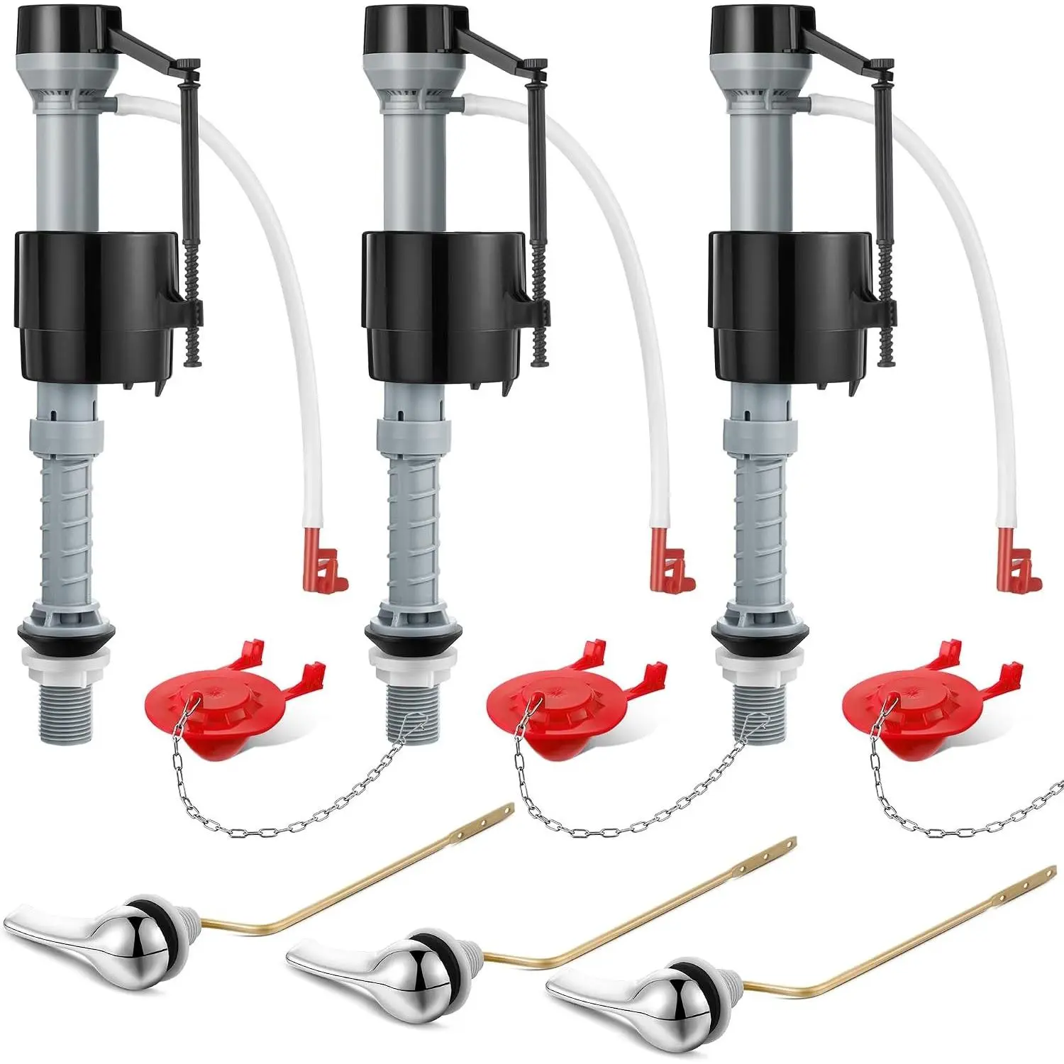 3-Set Universal Toilet Repair Kit, Including Adjustable Fill Valve, 2-Inch Low Flow Rubber Flapper, Side Mount Brass Toilet Flush Handle, Quiet, Easy to Install, Brass Handle