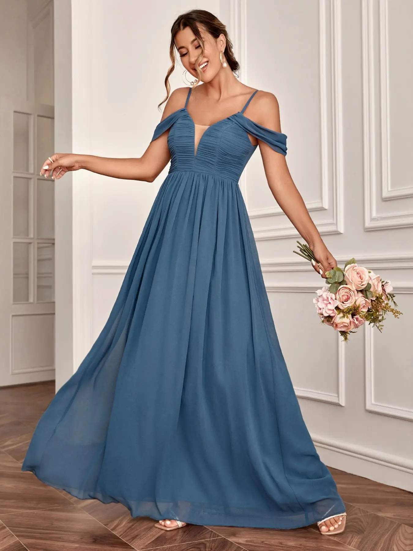 Elegant Women's Strapless Ruched Waist Chiffon Formal Dress, Plain Color Long Dress, Short Sleeve, All Seasons, Bridesmaid Gown