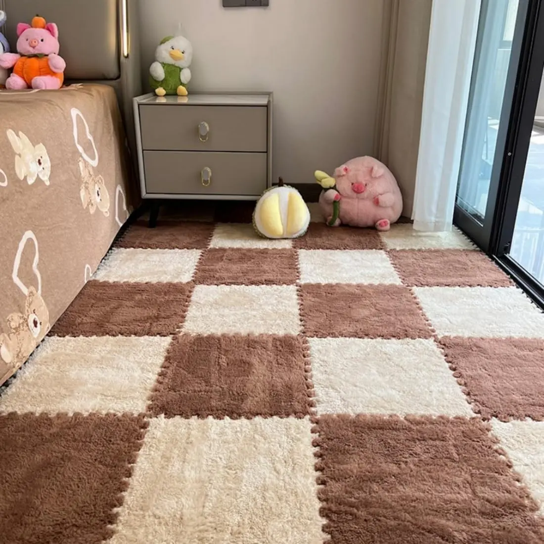 12Pcs 12"x 12" Plush Interlocking Foam Carpet Tiles with Border Fluffy Thick Padded Squares Foam Play Mat Floor Tiles for Playroom Decor Khaki+Coffee