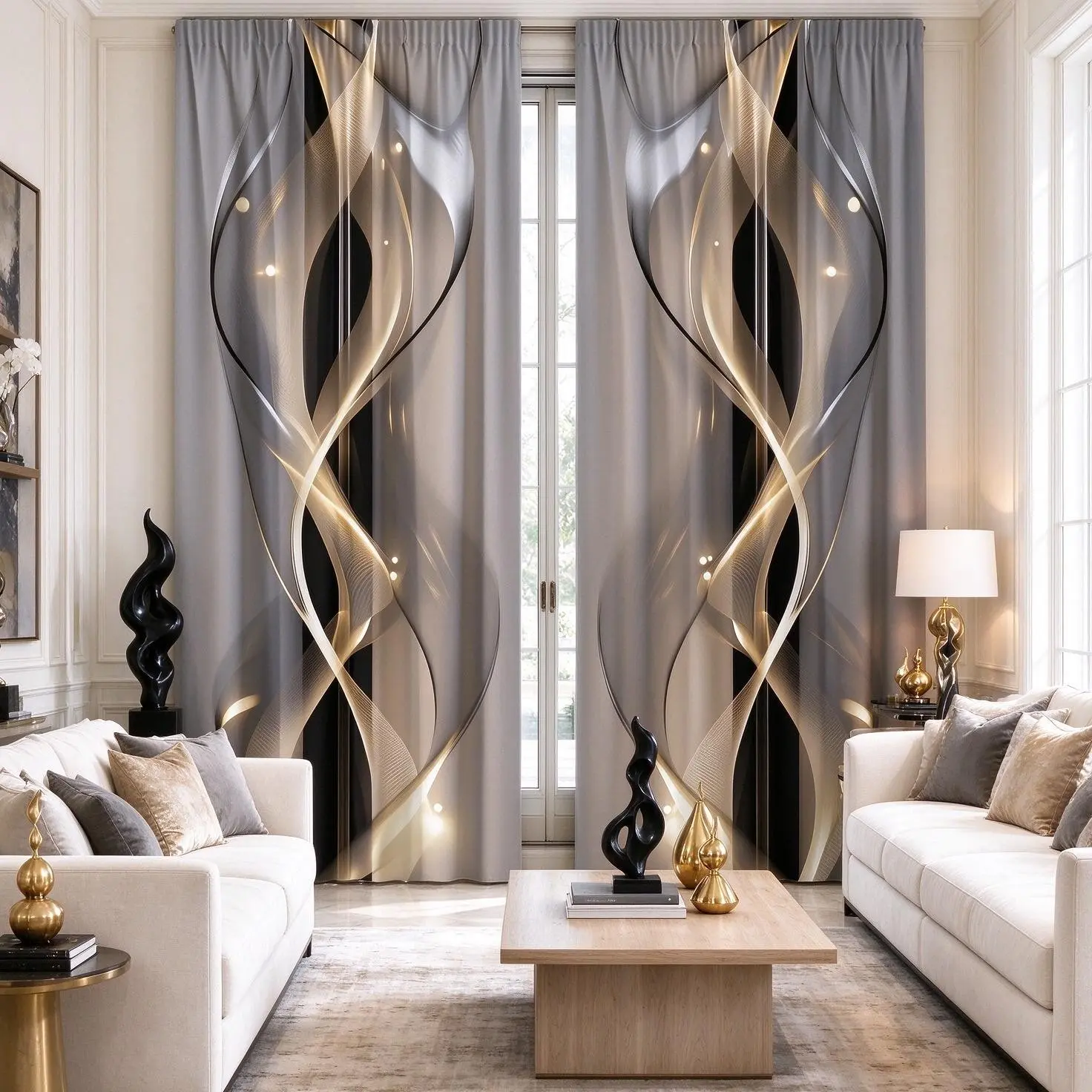 2pcs Modern Abstract Geometric Curtains, Black Gold Streamline Artistic Texture, Minimalist American Style Semi-Sheer Drapes for Living Room Bedroom