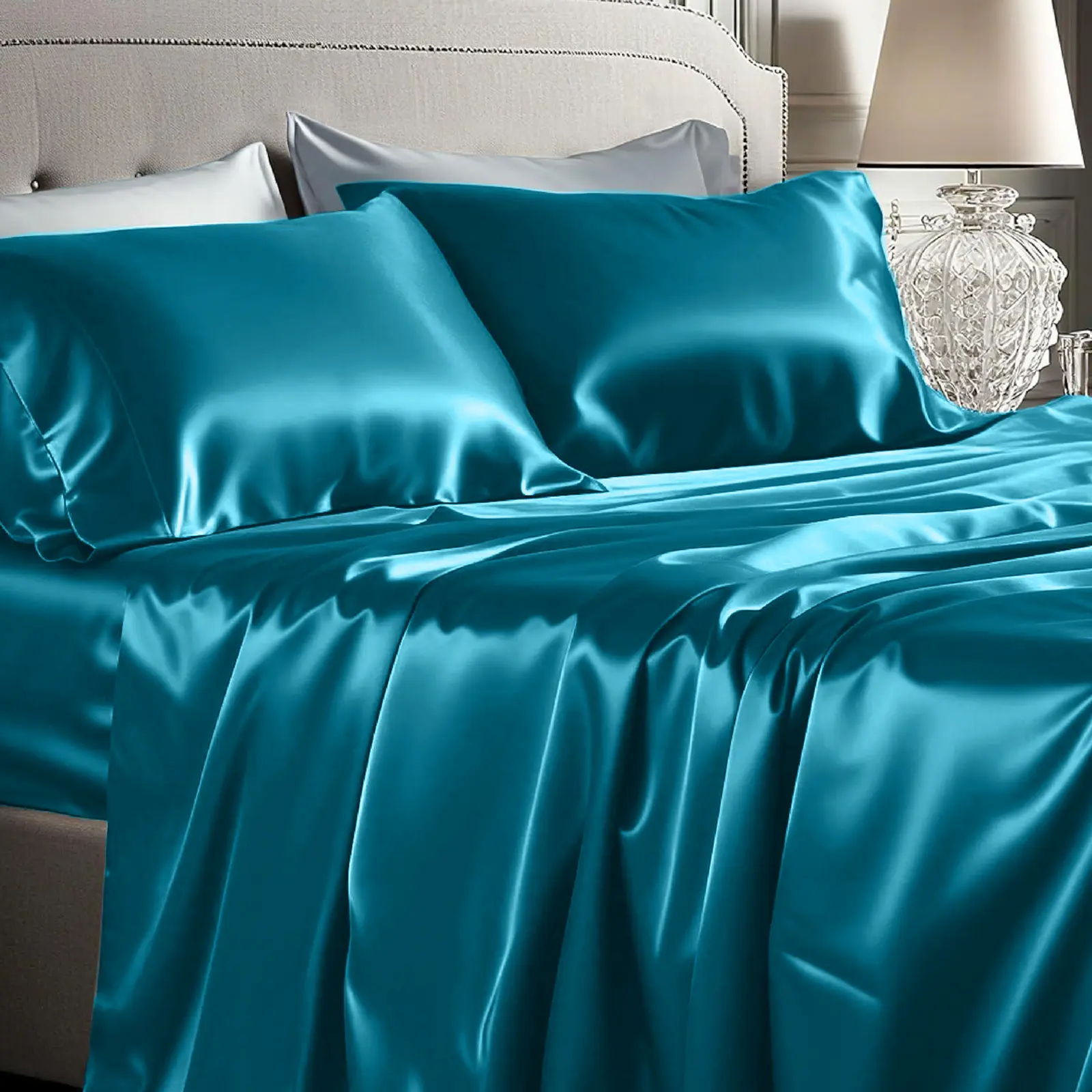 MUXHOMO 4pcs Satin Sheets Set – Luxury Bed Set, 14" Deep Pocket, Cooling & Wrinkle-Free, Moisture-Wicking & Breathable for Hair & Skin,Christmas Home Decor