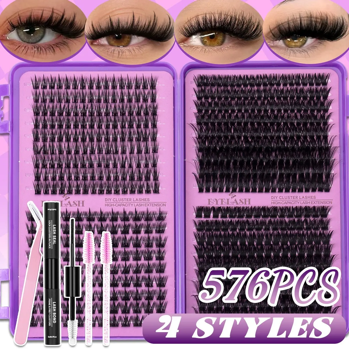 4 Styles DIY Lash Clusters Kit, Dense Mixed Lengths, Dense Spikes/Manga/Mega Thick 120D/150D Lashes, Airy / Manga Dense Lash,  D Curl Individual Lashes, 9-16mm Mixed Style Lash Clusters, Includes Bond&Seal, Eyelash Tweezers, Brushes