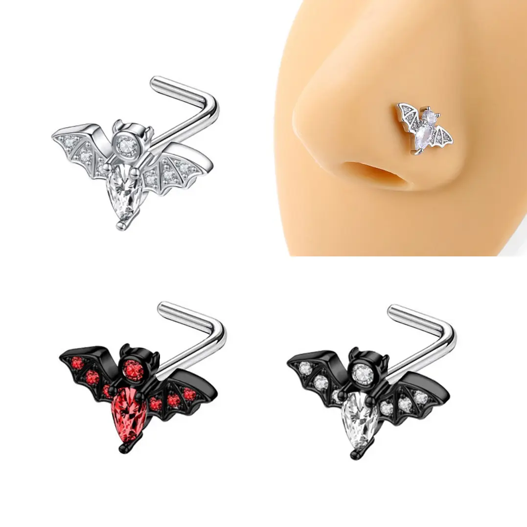 Bat Nose Stud L-Shaped Nose Ring – Copper Zirconia Inlaid Bat Design Nose Piercing Jewelry for Women & Men, Gothic Halloween Nose Jewelry Accessory