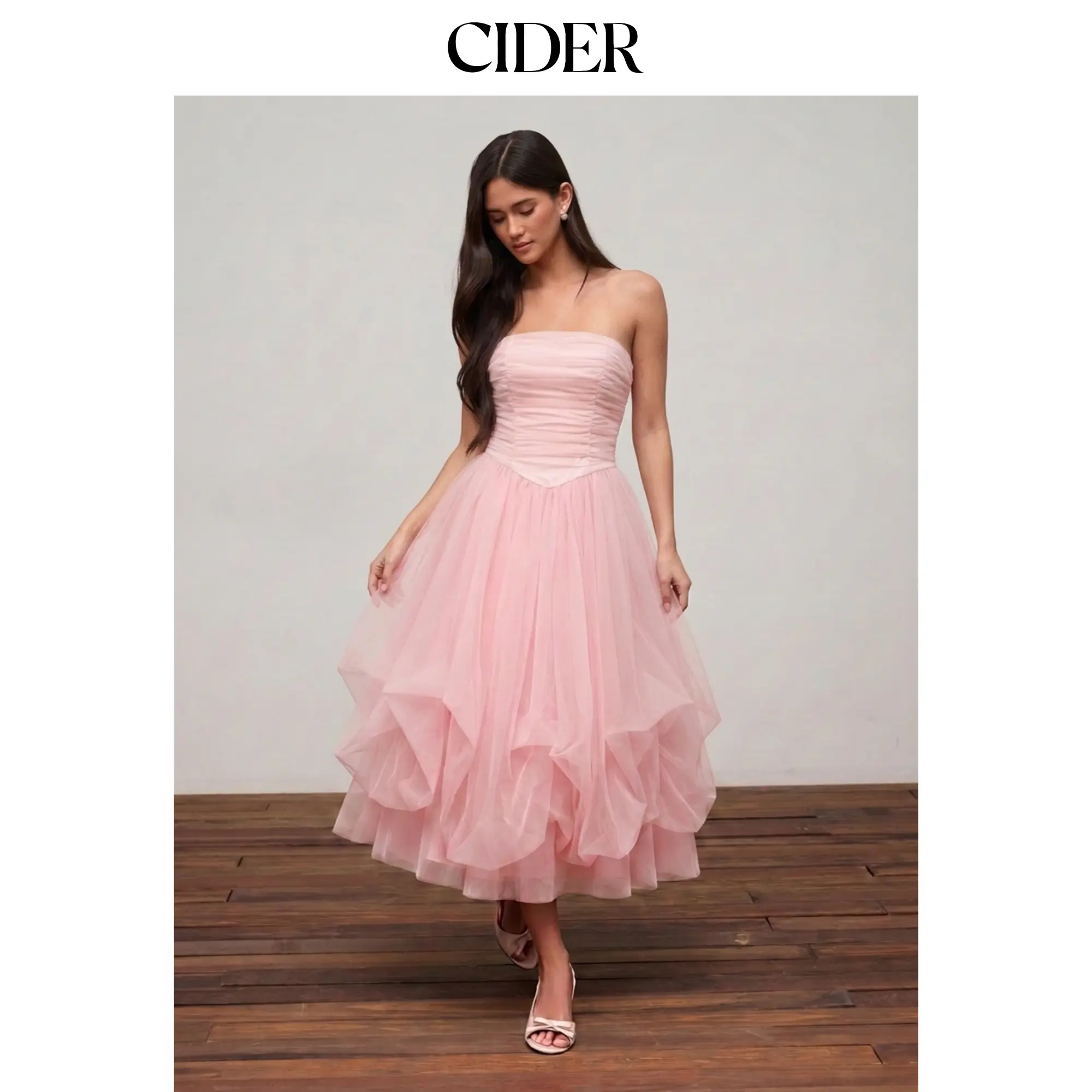 Cider Mesh High Rise Strapless Ruched Bubble Maxi Dress SohoChic