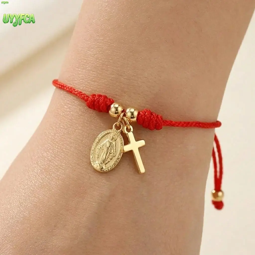 Red String Religious Bracelet - Thin Braided Rope with Gold Miraculous Medal & Cross Charms, Minimalist Catholic Wrist Jewelry, Lightweight Stackable Accessories for Women, Baptism Daily Wear Bag Charm, Bracelets