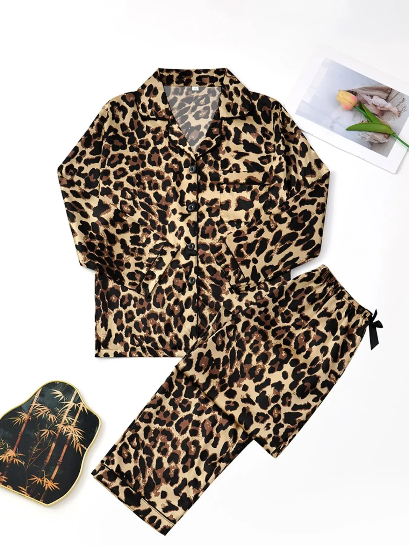Women's Two-Piece Satin Leopard Print Sleepwear Set, Long Sleeve Collared Top and Pants, Fall Winter Pajamas, Can Be Worn Outdoors, Casual Pajamas Set, Casual Loungewear Sets