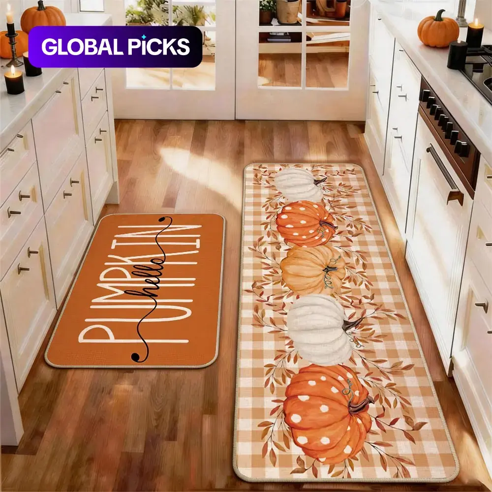2pcs Thanksgiving Fall Kitchen Mat Gug Set with Pumpkin Maple leaves Pattern, Non-Slip Soft Low Profile,Floor Mat Set Farmhouse Kitchen Rug Dining Room Flooring Laundry Room Decor Carpet Mat, Decorative Rug Mat #GLOBAL PICKS