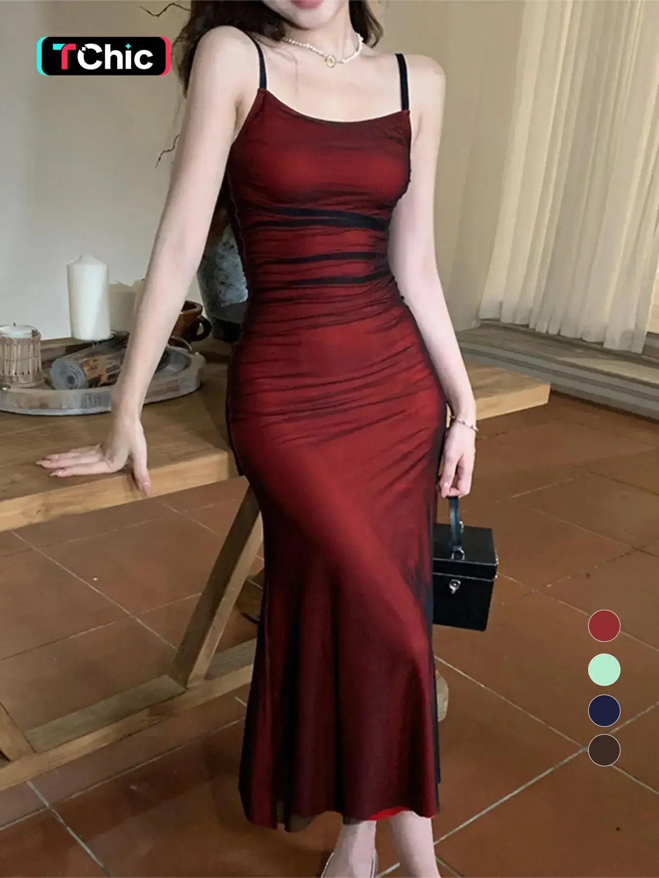 Women's Plain Ruched Knit Cami Dress, Elegant Sleeveless Spaghetti Strap Bodycon Fit Long Dress for Party Club Dating Wear, Ladies Clothes for All Seasons