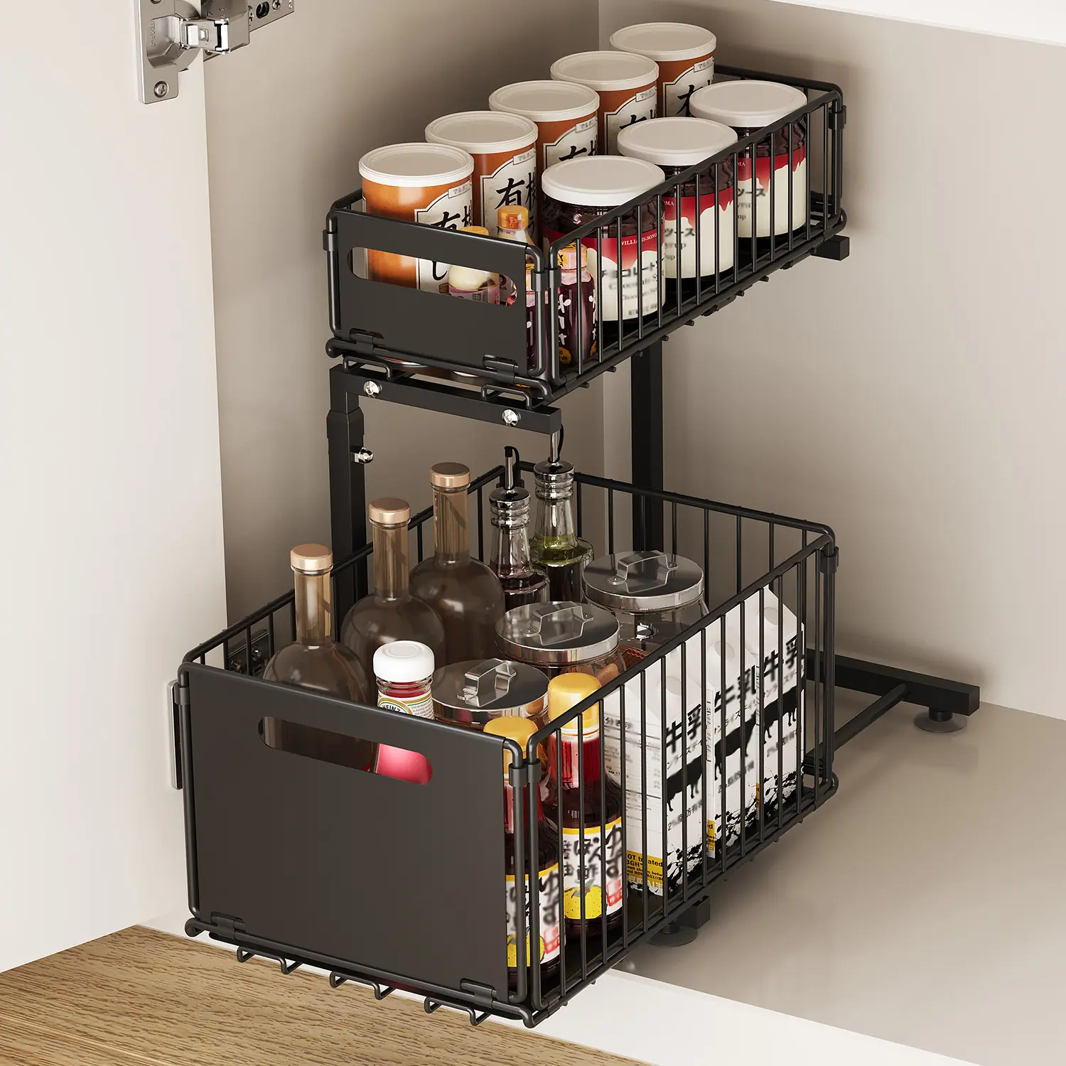 2Tier Under Sink Storage, Pull Out Under Sink Storage Kitchen Organiser, Carbon Steel L-Shaped Slide Out Shelf Storage for Pantry, Countertops, Cabinet rack , No Drilling