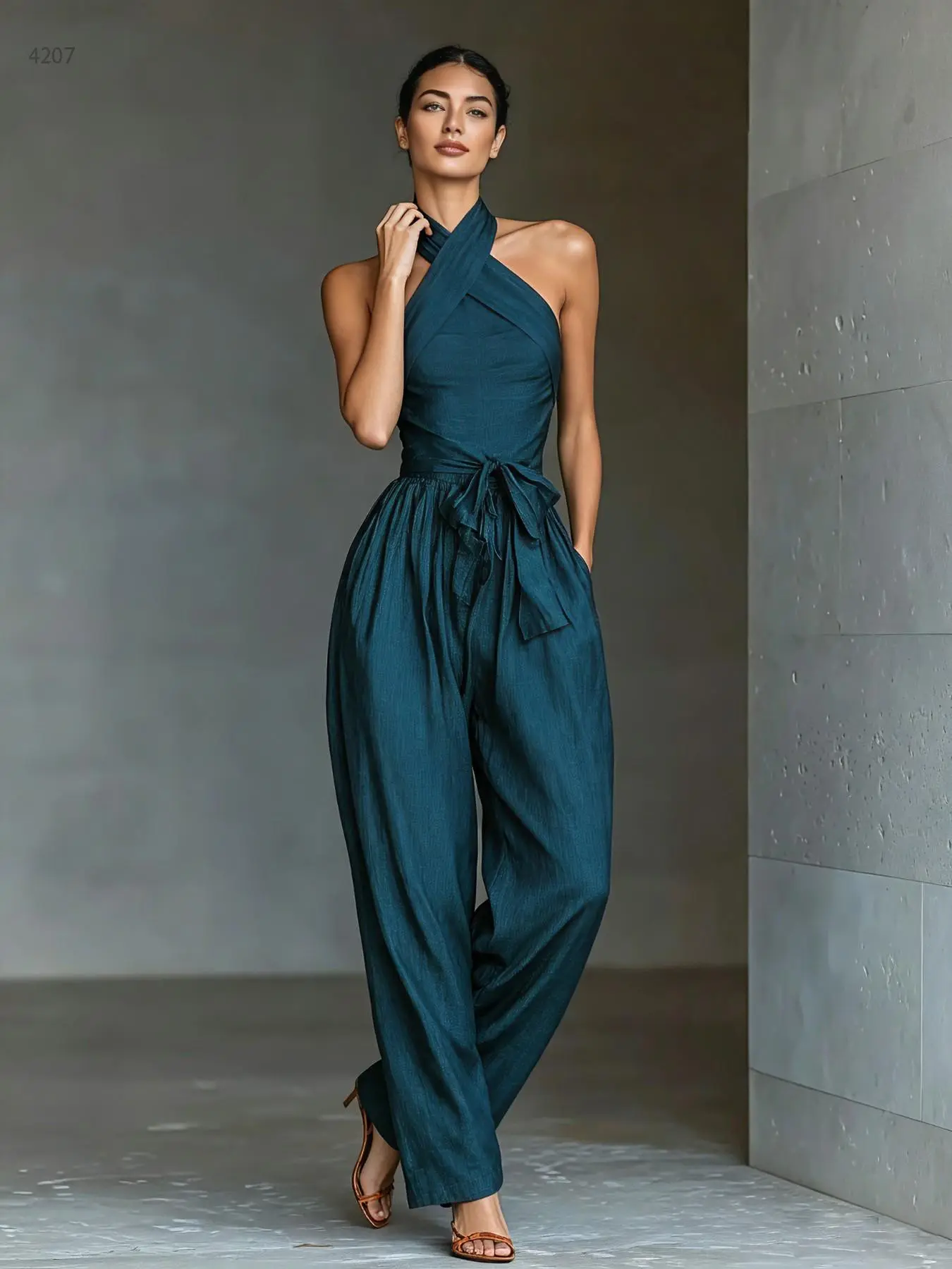 C4207 Clean Girl Quiet Luxury One-Piece Co-Ord, Cross Wrap Halter Neck Jumpsuit With Tie Belt Hidden Pockets Soft Life Daily Athleisure Wear.