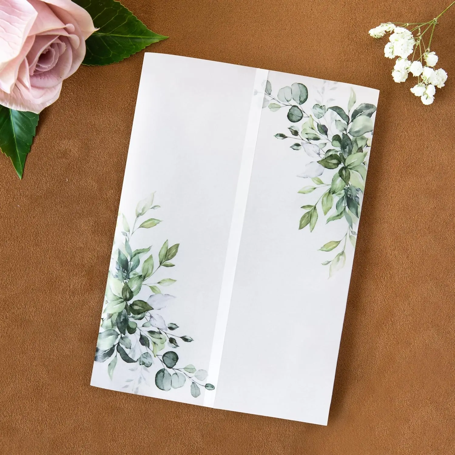 50 count Floral Vellum Jackets for 5x7 Cards, 135gsm Clear Vellum Paper Envelopes for Wedding/Bridal Shower/Birthday Quinceanera Invitations (Sage Green)