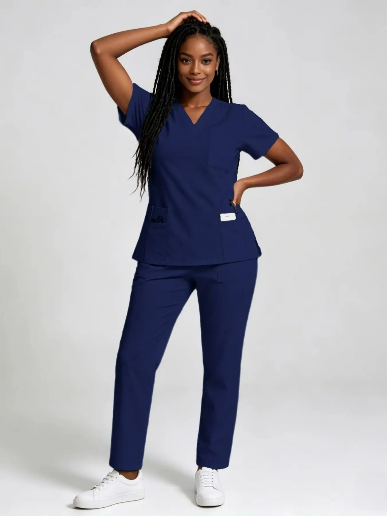 1 Set Women's V-Neck Solid Color Stretch Scrub Set, Easy Breathable Moisture Wicking Top, Full Elastic with Drawstring Waist Multi Pocket Slim Leg Pants, Loungewear Set, Work Uniform for Beauty Salon & Dental Use, Workplace Attire
