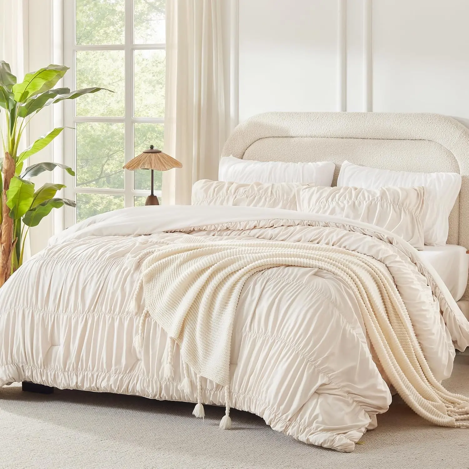 Ruched Beige King Size Comforter Set, Shabby Chic Pleated Bedding Sets 3 Pieces, Lightweight Soft Boho Ruffle Bed Set for Girls, Kids, Women, All Season