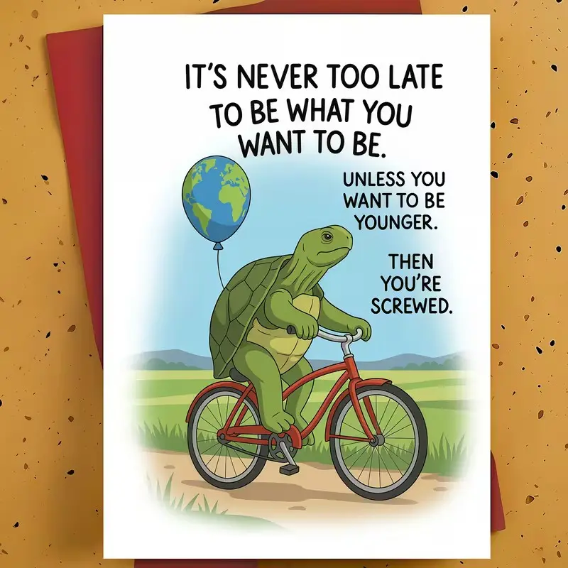 Funny Birthday Greeting Card, 1 Count Sarcastic Humorous Graphic Birthday Card with Envelope, Unique Creative Cartoon Turtle Riding Bike Design Card for Men & Women, Birthday Gift Supplies, Novelty Joke Greeting Card for Friends, Coworkers and Siblings