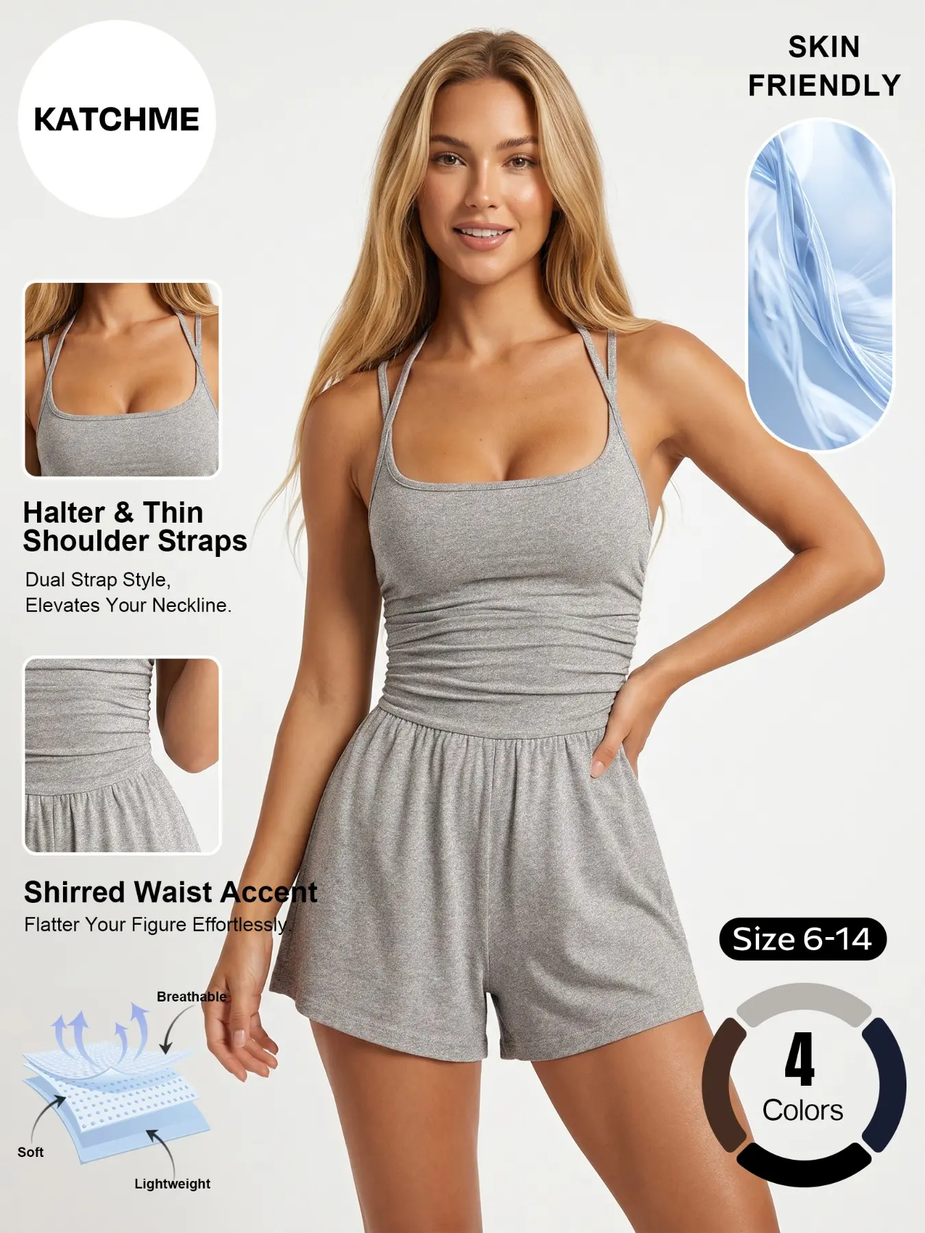 Women Halter Ruched Waist Romper Shorts Sleeveless Square Neck Soft Modal Jumpsuit Shorts Casual Lounge One Piece Outfit Halter Neck Jumpsuits