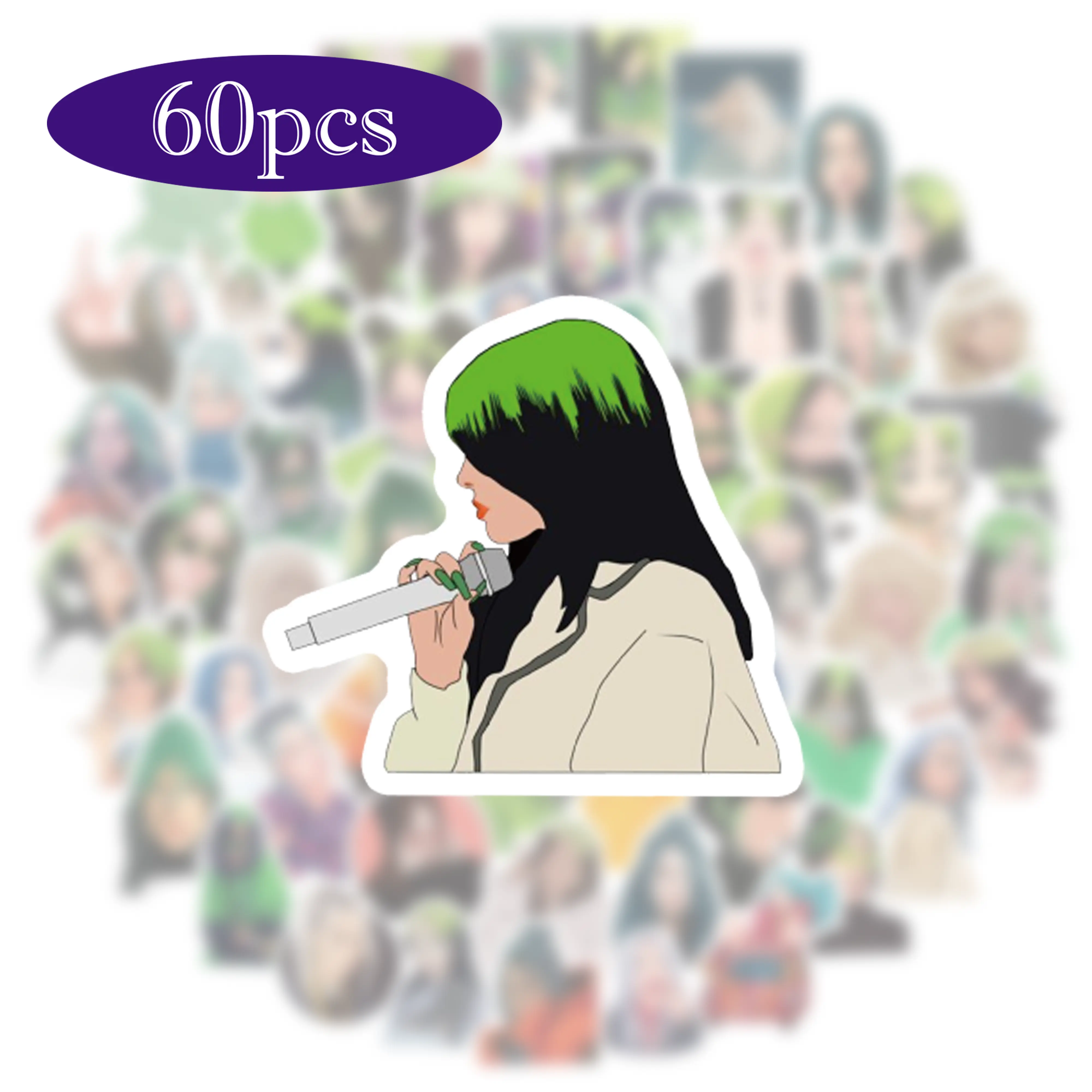 60pcs Billie Music Singer Stickers Merch Decor, Cartoon Decals for Phone Cases Laptop Skins Drumsticks, Vinyl Art, Waterproof Adhesive