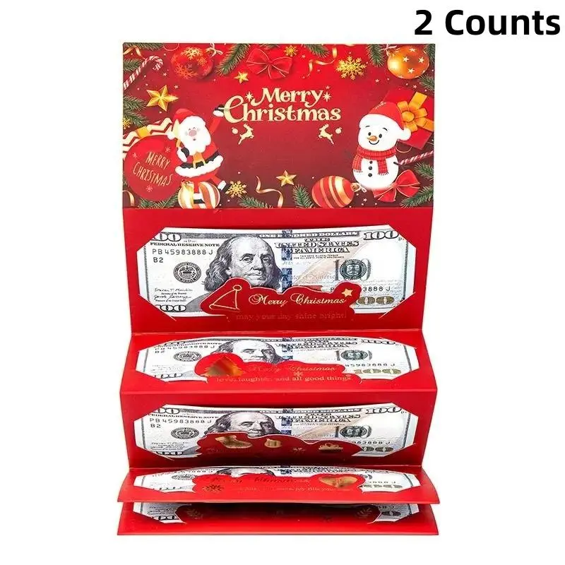 2 Counts Christmas Santa Dollar Folding Red Envelopes Gold Stamping Gift Pack with Ribbon 6 Slot DIY Holiday Cash Envelopes for Party and Festive Decorations