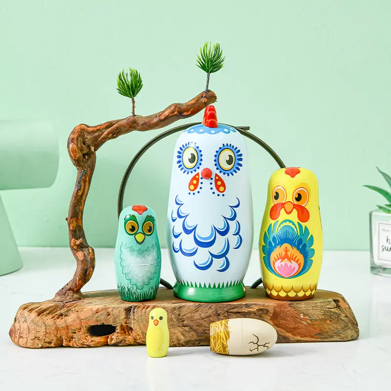 Five-layer hand-painted chick animal Russian nesting doll wooden toy craft gift home ornament decoration