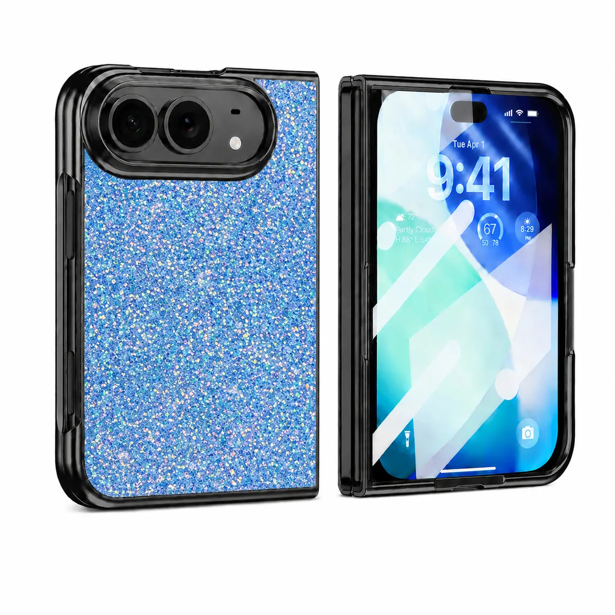 Suitable for iIP-Duo foldable phone case, featuring a glittery material, integrated film, and a stand, providing drop protection