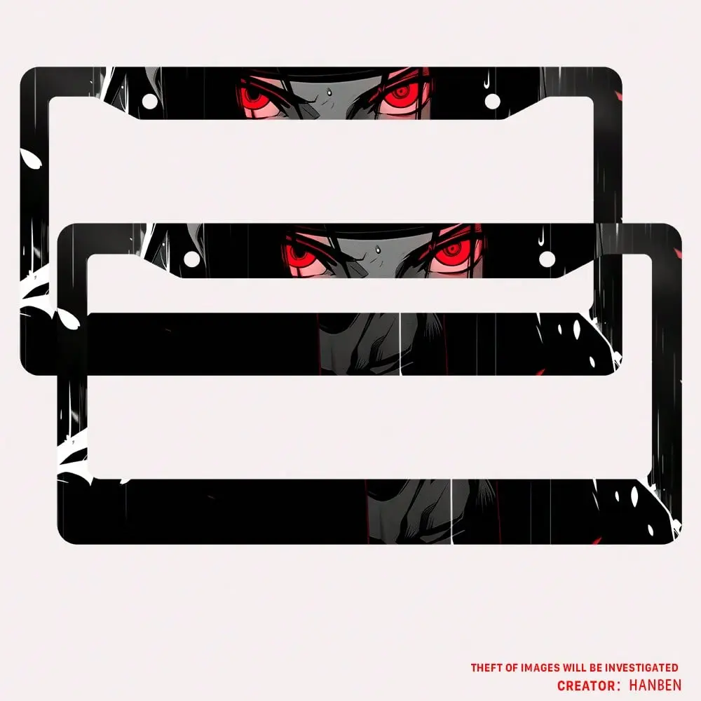 2PC Aluminum Anime Eyes License Plate Frame - Black Red, 2-Hole, 6x12 in, Screw Set Included, Standard US Size License Plate Cover, Cartoon Car Body Frame Decoration