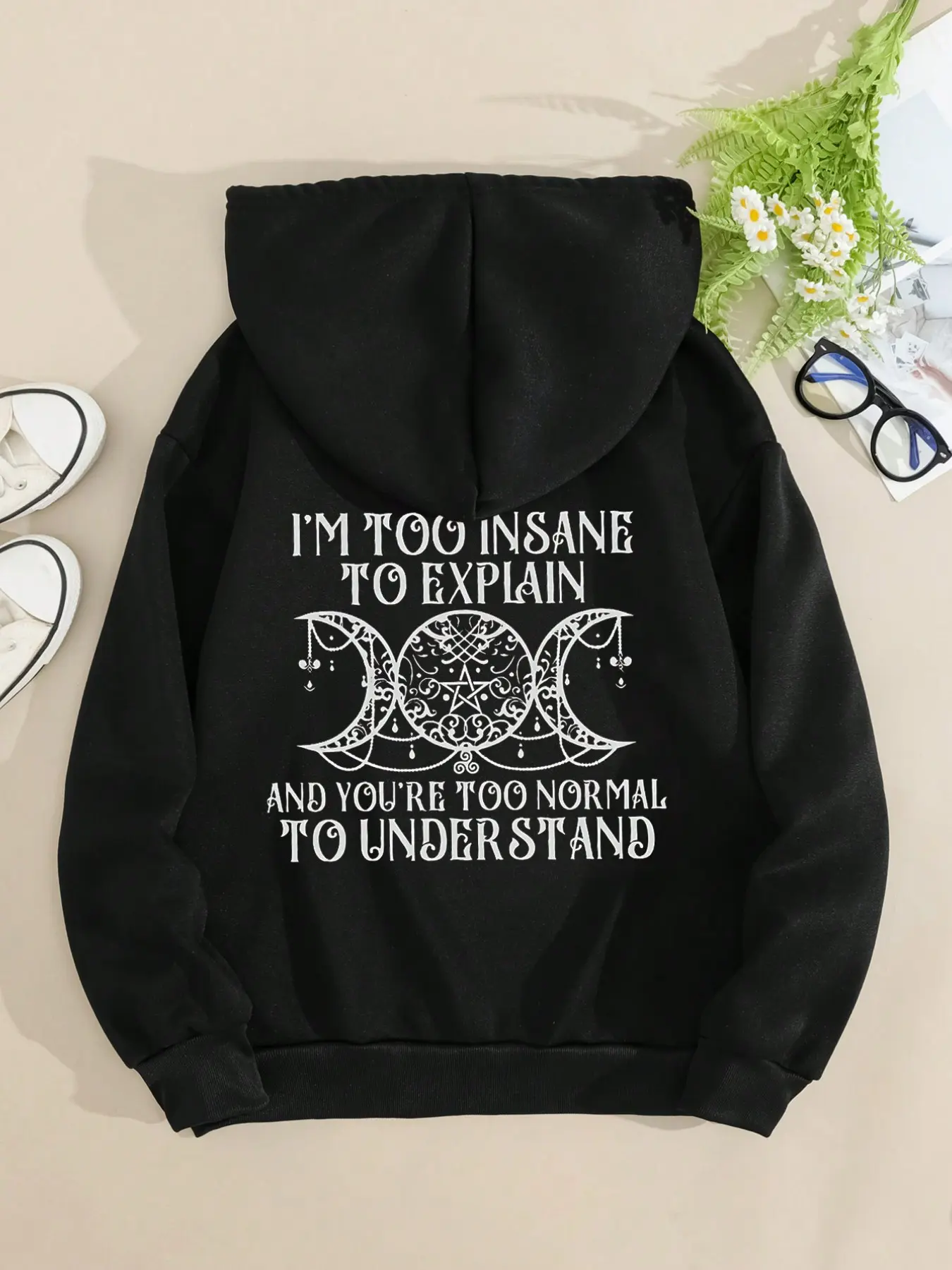 "I'm Too Insane" Moon Phase Pentagram Geometric Hoodie, Gothic Witchy Y2K E-Girl Casual Loose Oversized Pullover, Alternative Dark Aesthetic Streetwear Long Sleeve Hooded Sweatshirt for Women