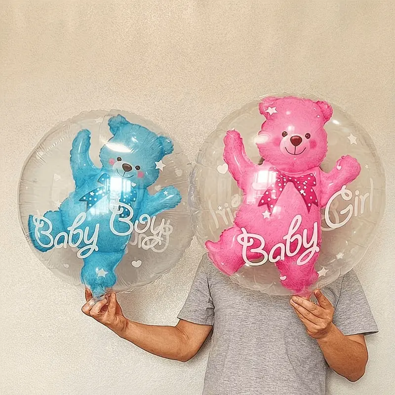 2Pcs Double Layer Clear Bear Balloons, Transparent Bear Balloons Blue Pink Baby Boy Girl Cartoon Bear Balloon For Gender Reveal Party Newborn Baby Shower Full Month Birthday Banquet Holiday Celebration Window Background Decor Supplies Come With Ribbon