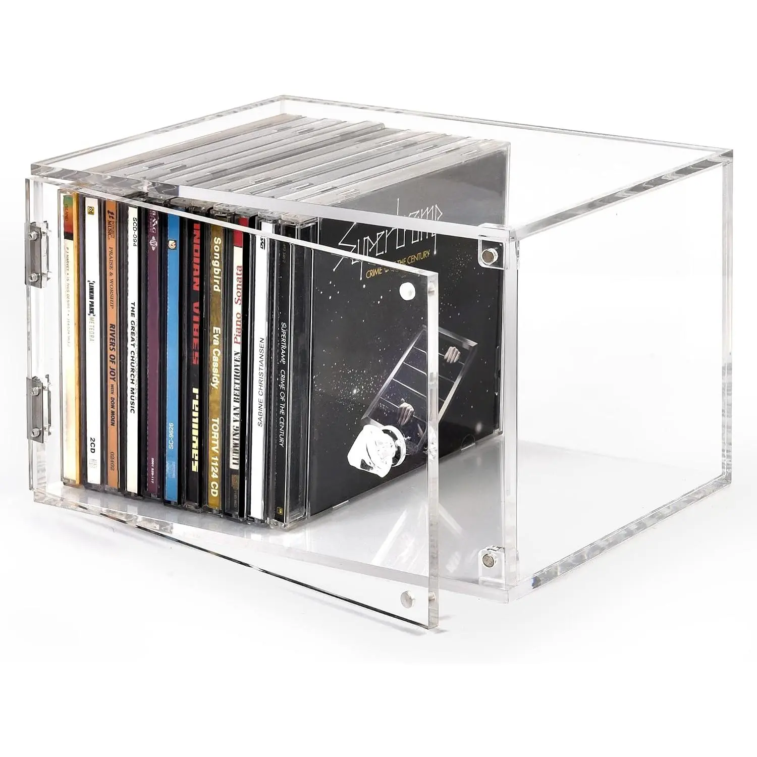 Clear  CD Storage Box with  Door, Dust-Proof Sealed CD Organizer & CD Display Case for Jewel Cases, Holds 20 CDs, Stackable CD Holder for Collectors