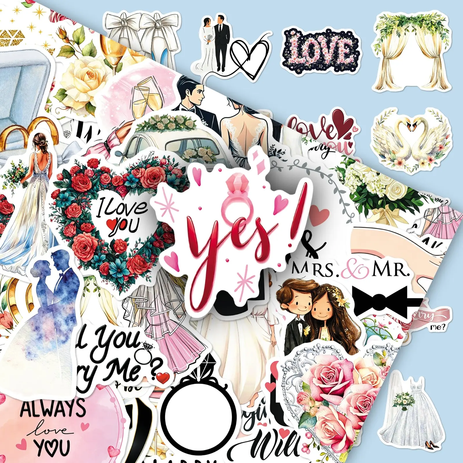 100 Pcs Romantic Wedding Stickers, 2 Sets (Identical), Aesthetic Fresh Creative Design, Personalized Decorative Supplies for Journal & Phone Cases