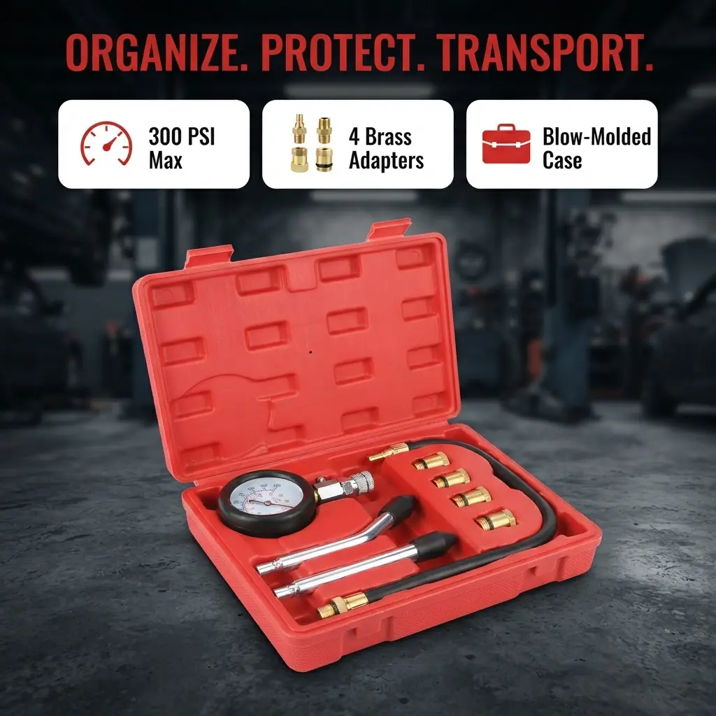 8Pcs Cylinder Compression Tester Kit, Petrol Engine Pressure Test Gauge, Professional Automotive Gas Engine Diagnostic Tool for Mechanics