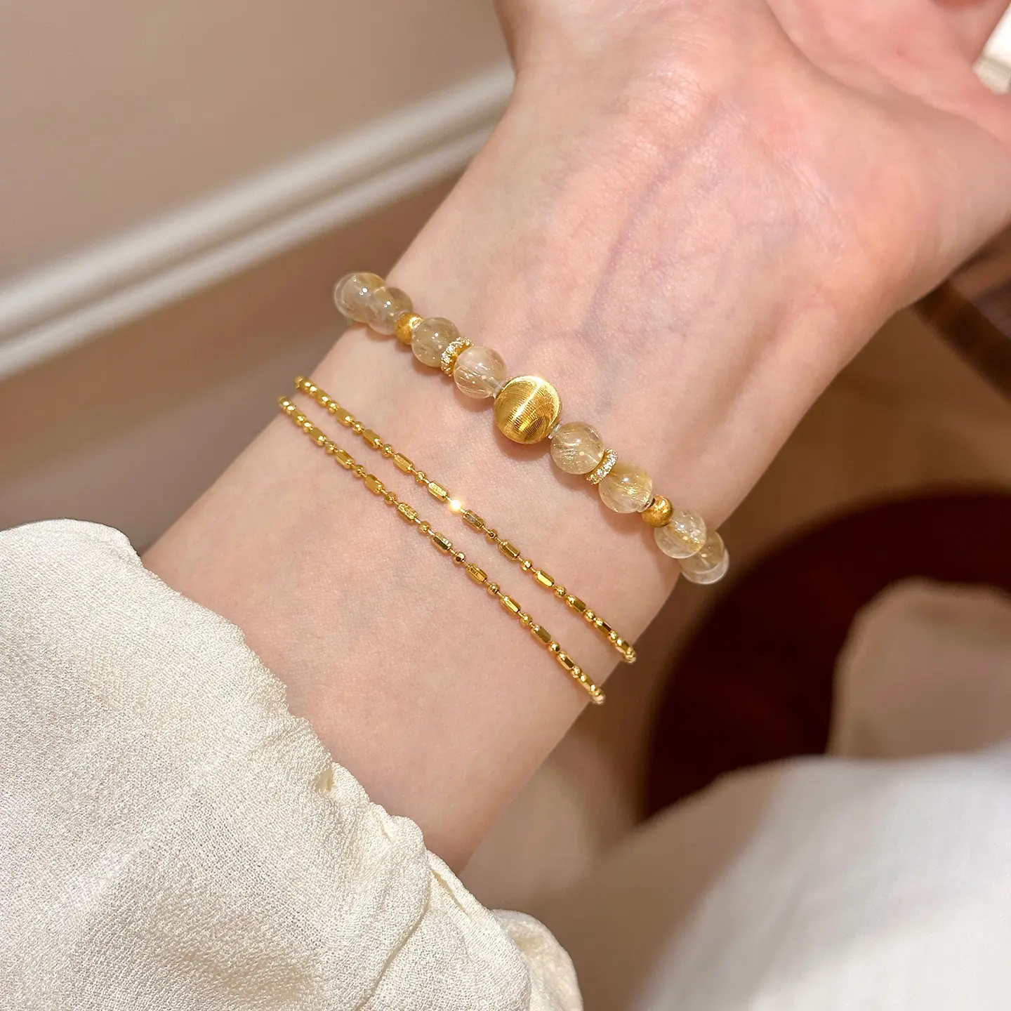 Women's Dainty Gold Gemstone Bracelet for Jewelry Lovers - Hand-Strung Textured Stretch Crystal Beads, Citrine & Rutilated Quartz, Easy On/Off, Elegant Packaging, Fits Most Wrists, Subtle Luster, Light Occasion Looks